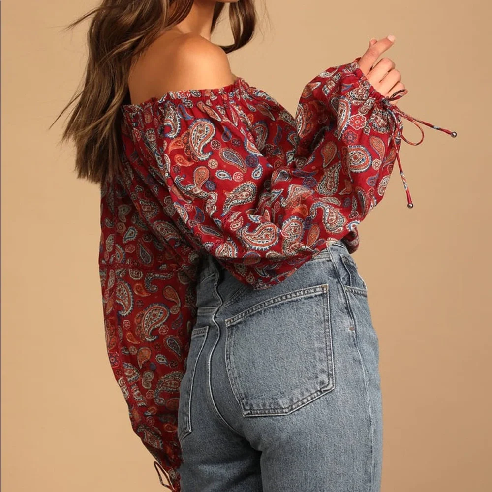 Free People Sundown Rust Red Paisley Print Off-the-Shoulder Bodysuit - Picture 6 of 10